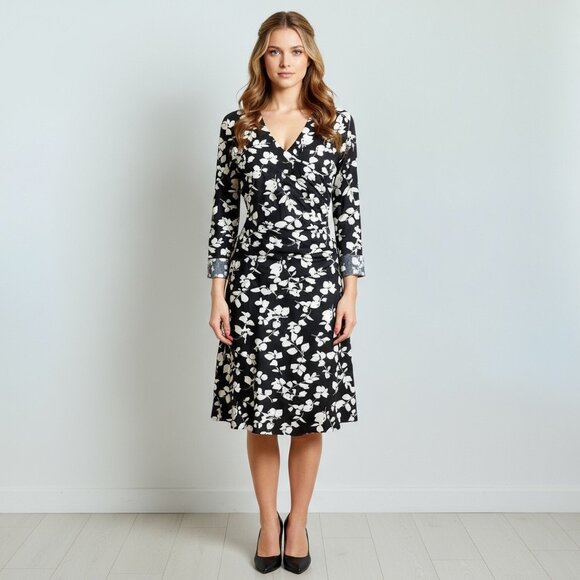 Lauren Ralph Lauren Knee Length Dress Sz.16 Black White Floral Ruching Preppy - Picture 15 of 16